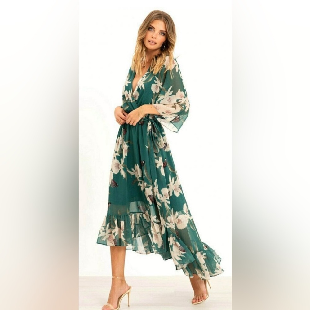 Emerald Green Floral/ Garden/ Butterfly Print Dress